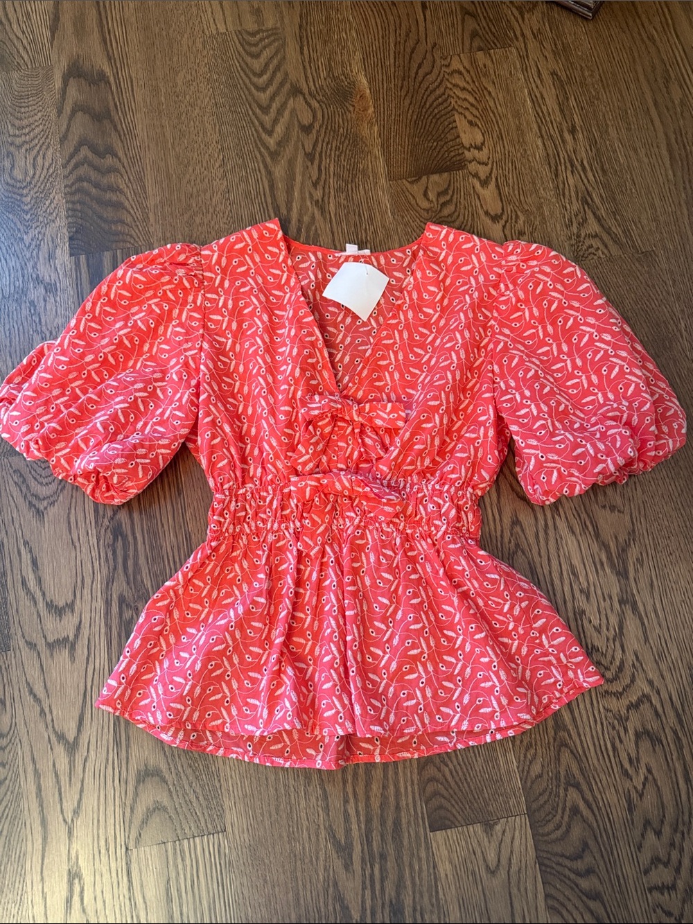 Coral Short Puff-Sleeve V-Neck Peplum Blouse